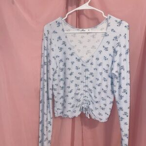 Hollister Blue Ruched Crop Blouse Long Sleeve